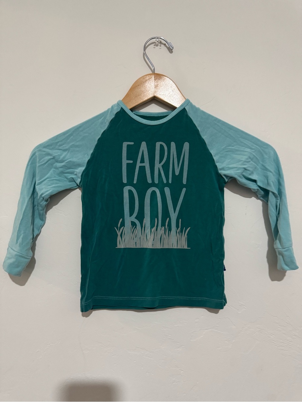 KicKee Pants 4T Long Sleeve Raglan Tee Green Blue Farm Boy Bamboo